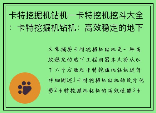 卡特挖掘机钻机—卡特挖机挖斗大全：卡特挖掘机钻机：高效稳定的地下工程利器