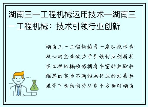 湖南三一工程机械运用技术—湖南三一工程机械：技术引领行业创新